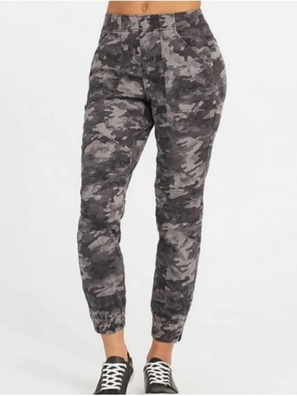 SPANX Stretch Mid-Rise Gray Camo Twill Elastic Jogger Pants with Zip Bottom NWOT